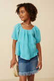 GY7118 Blue Girls Washed Smock Detail Puff Sleeve Gauze Top Front