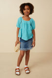 GY7118 Blue Girls Washed Smock Detail Puff Sleeve Gauze Top Full Body