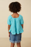 GY7118 Blue Girls Washed Smock Detail Puff Sleeve Gauze Top Back