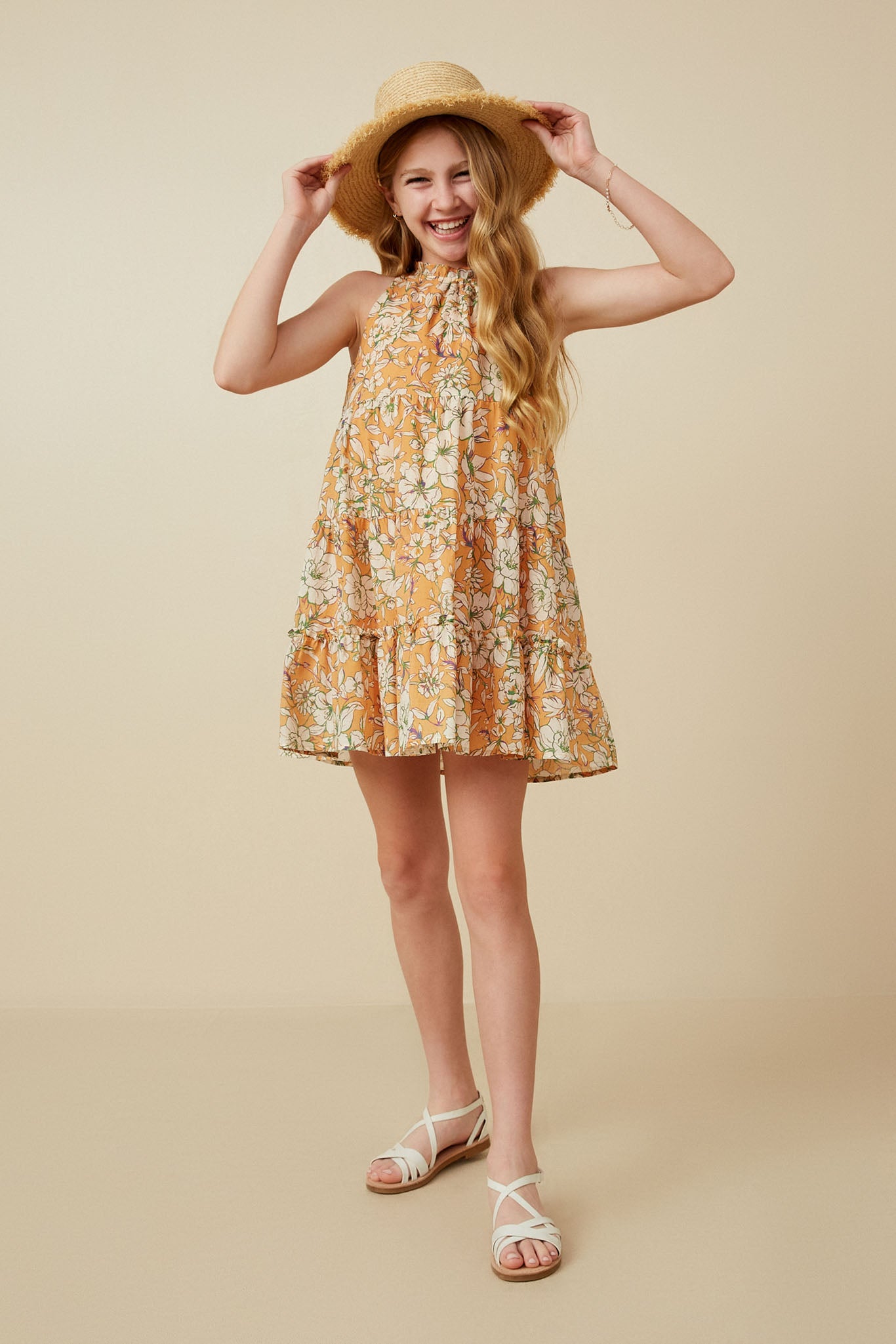 Floral Print Ruffled Neck Tiered Tank Dress