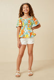 GY7159 Blue Mix Girls Resort Floral Smocked Peplum Top Front