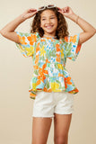 GY7159 Blue Mix Girls Resort Floral Smocked Peplum Top Front 2