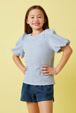 GY7179 Blue Girls Crinkled Puff Sleeve Knit Top Front