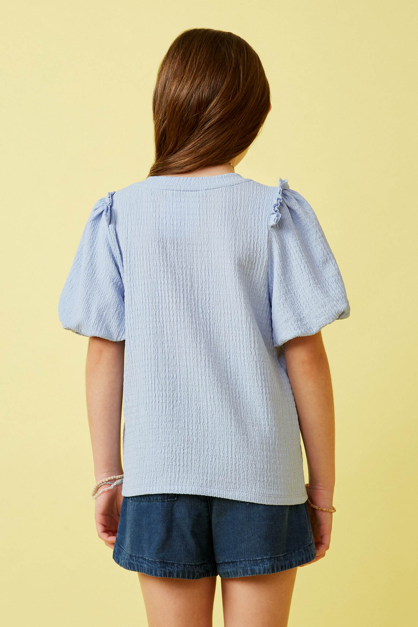 GY7179 Blue Girls Crinkled Puff Sleeve Knit Top Back