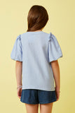GY7179 Blue Girls Crinkled Puff Sleeve Knit Top Back