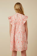 GY7191 Coral Girls Ditsy Floral Tie Detail Ruffled Puff Sleeve Dress Back
