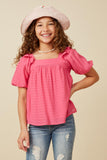 GY7193 Pink Girls Square Neck Ruffle Shoulder Textured Top Front