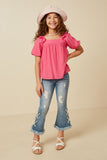 GY7193 Pink Girls Square Neck Ruffle Shoulder Textured Top Full Body