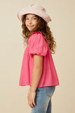 GY7193 Pink Girls Square Neck Ruffle Shoulder Textured Top Side