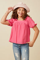 GY7193 Pink Girls Square Neck Ruffle Shoulder Textured Top Front 2
