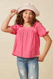 GY7193 Pink Girls Square Neck Ruffle Shoulder Textured Top Front 2
