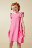 GY7194 Pink Girls Side Panel Detailed Ruffle Sleeve Dress Front