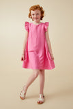 GY7194 Pink Girls Side Panel Detailed Ruffle Sleeve Dress Full Body