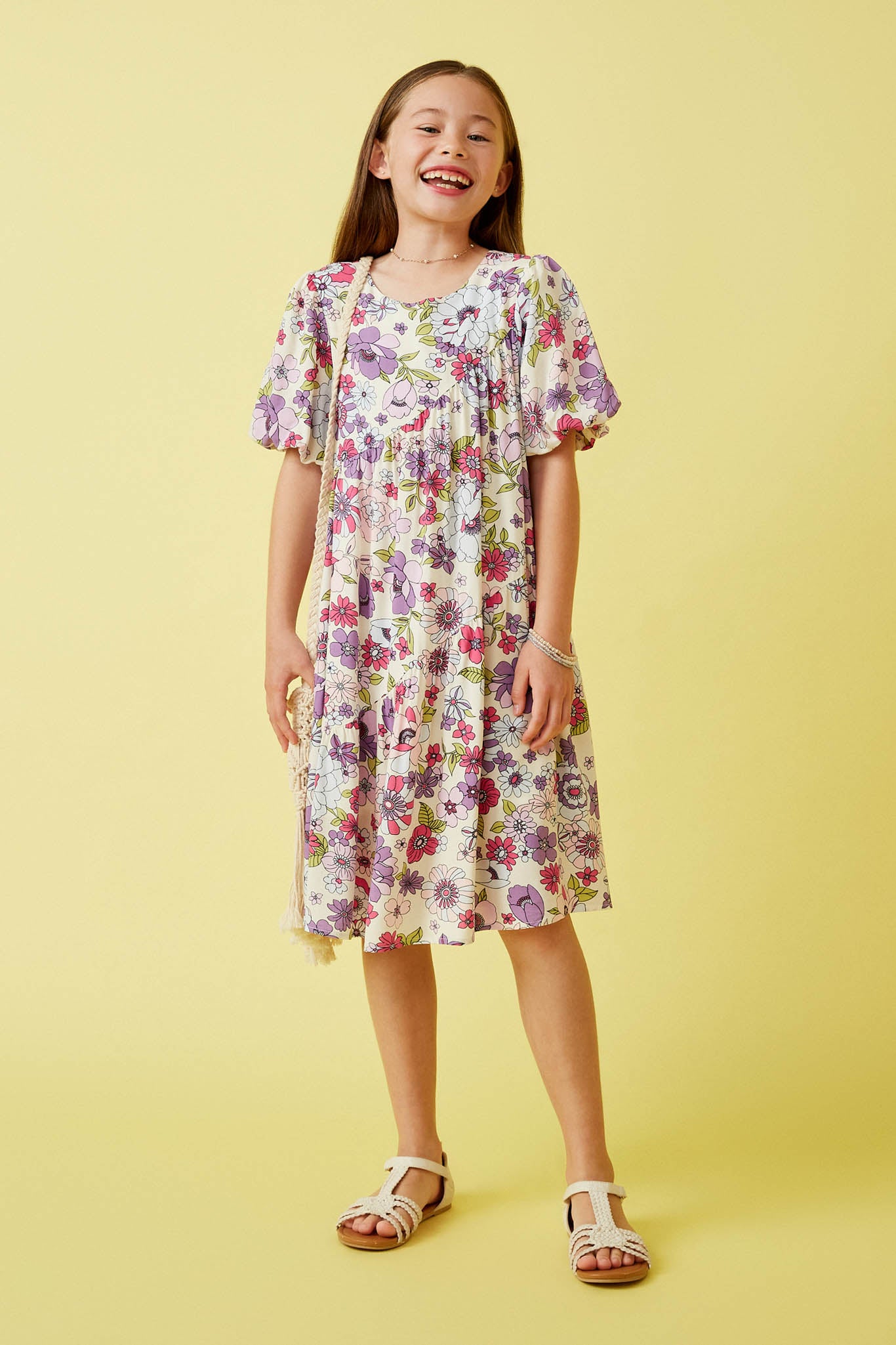 Spring Floral Asymmetric Paneled Puff Sleeve Dress