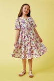 GY7205 Purple Girls Spring Floral Asymmetric Paneled Puff Sleeve Dress Front