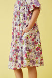 GY7205 Purple Girls Spring Floral Asymmetric Paneled Puff Sleeve Dress Detail