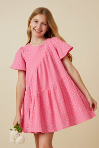 GY7216 Pink Girls Textured Polka Dot Gauze Asymmetric Paneled Dress Front