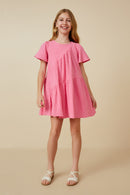 GY7216 Pink Girls Textured Polka Dot Gauze Asymmetric Paneled Dress Full Body