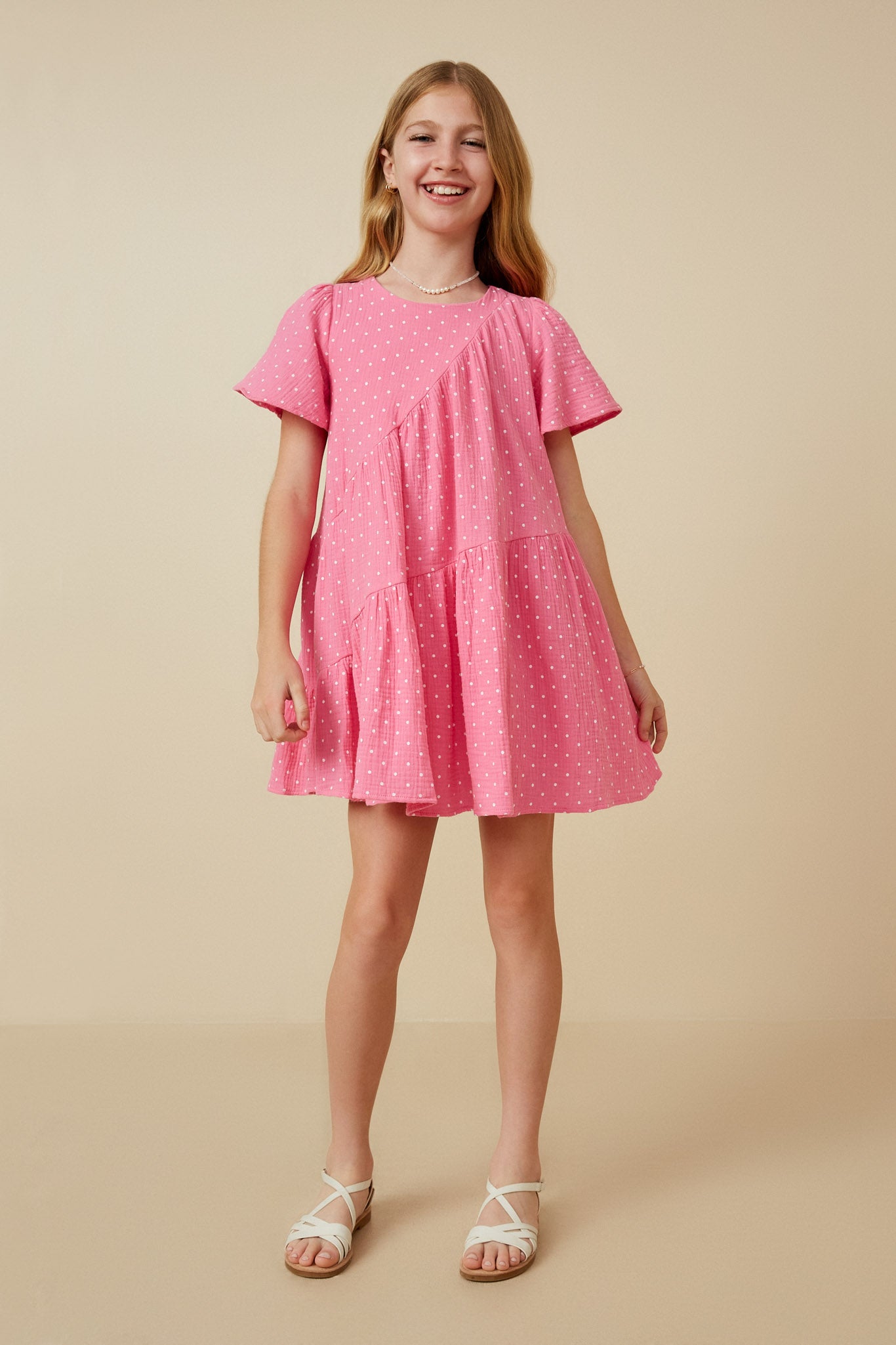 GY7216 Pink Girls Textured Polka Dot Gauze Asymmetric Paneled Dress Full Body
