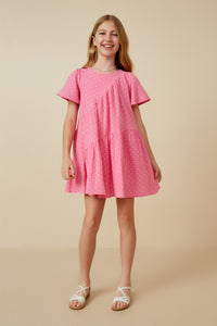 GY7216 Pink Girls Textured Polka Dot Gauze Asymmetric Paneled Dress Full Body