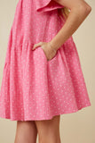 GY7216 Pink Girls Textured Polka Dot Gauze Asymmetric Paneled Dress Side