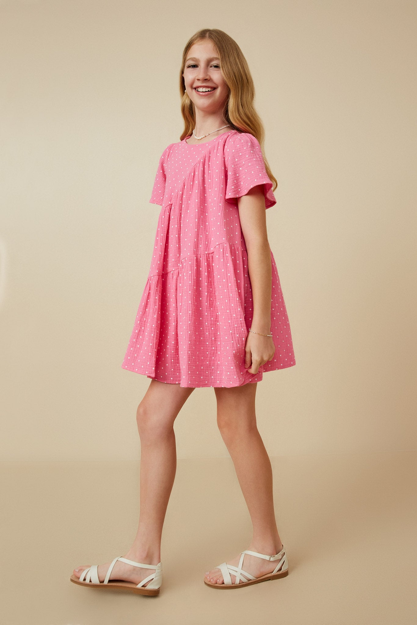 GY7216 Pink Girls Textured Polka Dot Gauze Asymmetric Paneled Dress Full Body 2