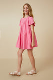 GY7216 Pink Girls Textured Polka Dot Gauze Asymmetric Paneled Dress Full Body 2