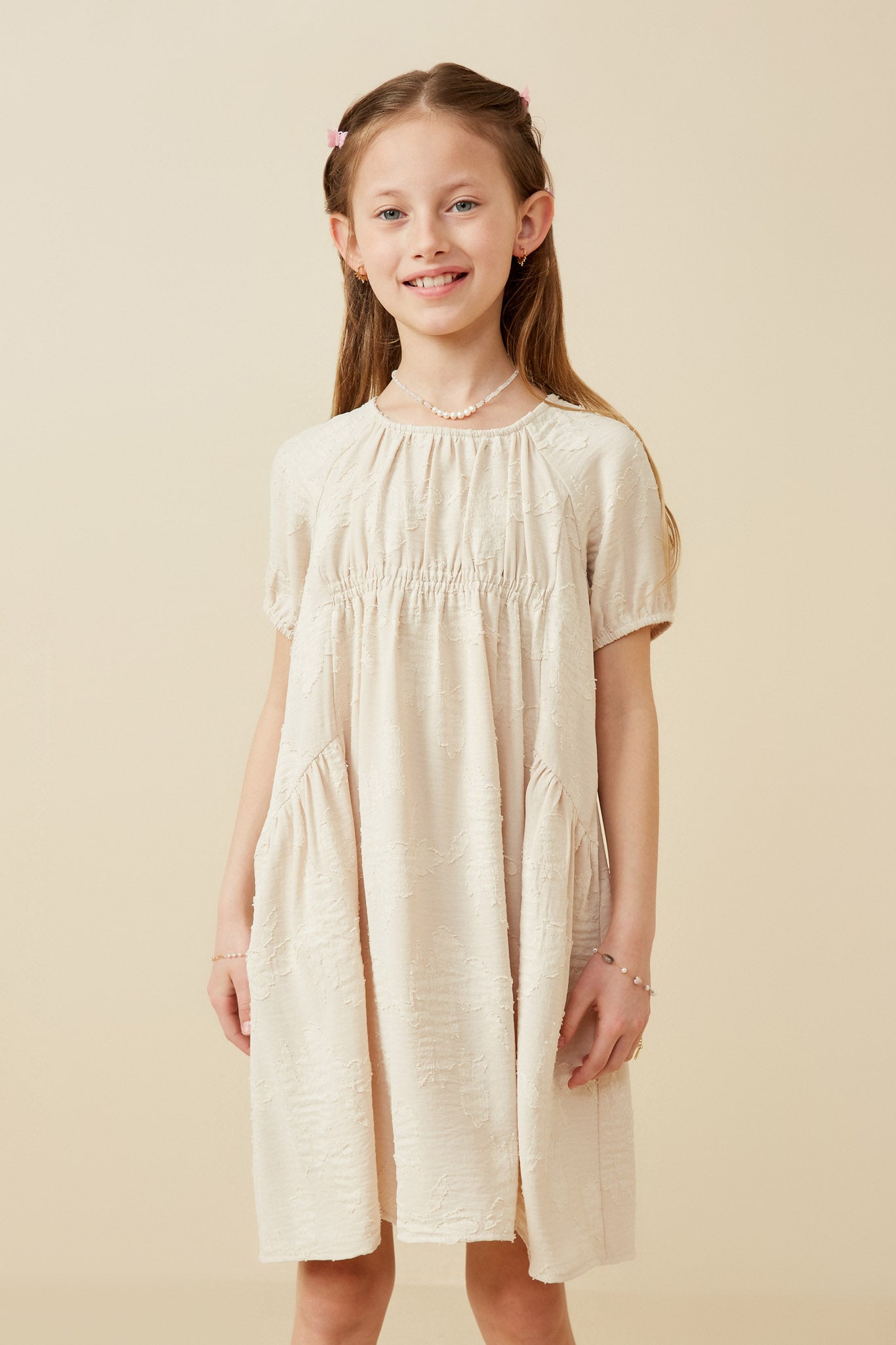 Monochromatic Botanical Textured Puff Sleeve Dress