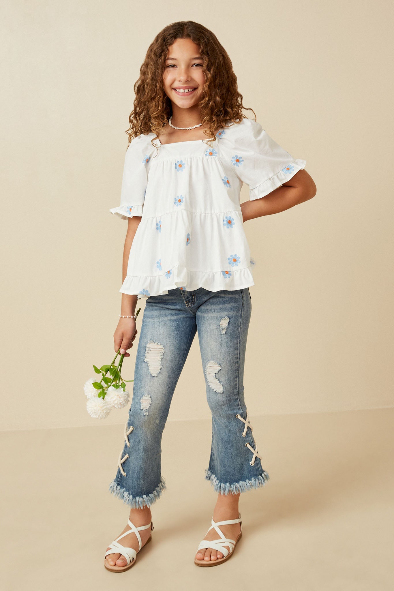All Over Daisy Embroidered Square Neck Top