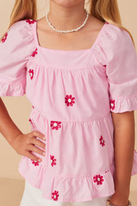 GY7224 Pink Girls All Over Daisy Embroidered Square Neck Top Detail