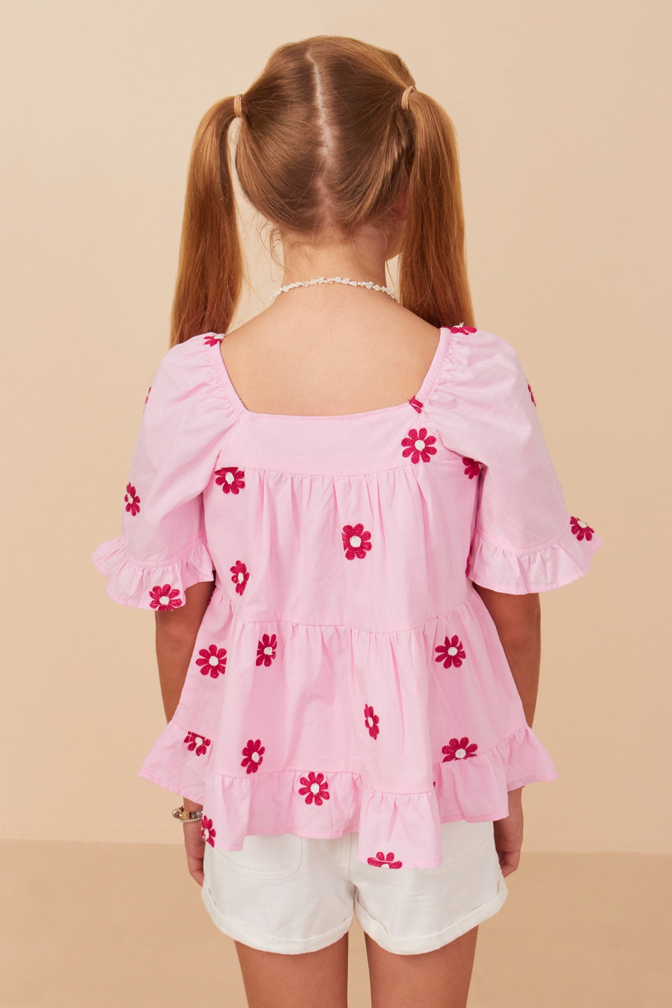 GY7224 Pink Girls All Over Daisy Embroidered Square Neck Top Back