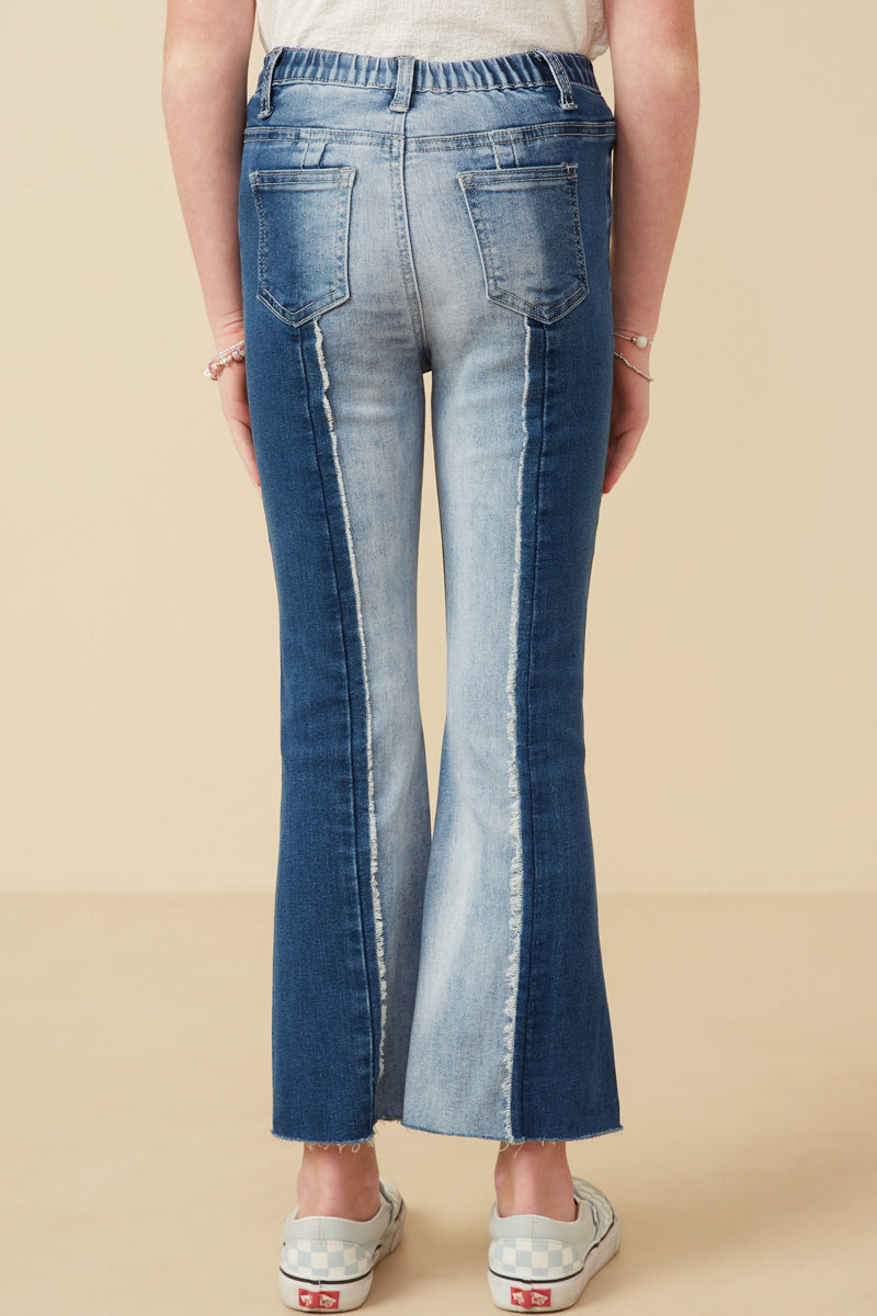 GY7234 Denim Girls Fray Detailed Two Tone Flare Jeans Back
