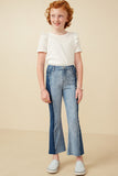 GY7234 Denim Girls Fray Detailed Two Tone Flare Jeans Full Body