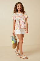 GY7257 Pink Mix Girls Abstract Multi Color Dot Peplum Top Full Body