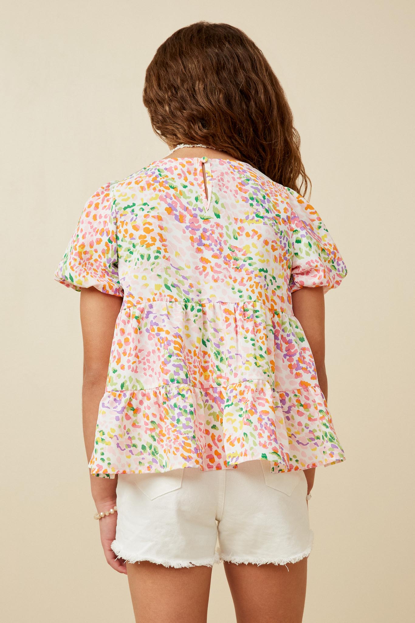 GY7257 Pink Mix Girls Abstract Multi Color Dot Peplum Top Back