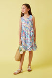 GY7262 Blue Mix Girls Abstract Multi Color Dot Ruffled Tank Dress Full Body