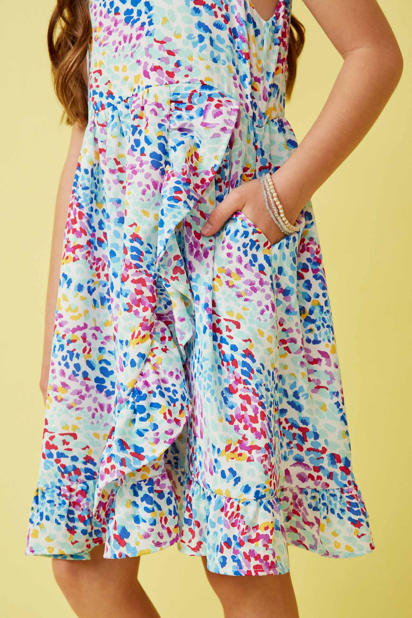 GY7262 Blue Mix Girls Abstract Multi Color Dot Ruffled Tank Dress Detail