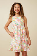 GY7262 Pink Mix Girls Abstract Multi Color Dot Ruffled Tank Dress Front