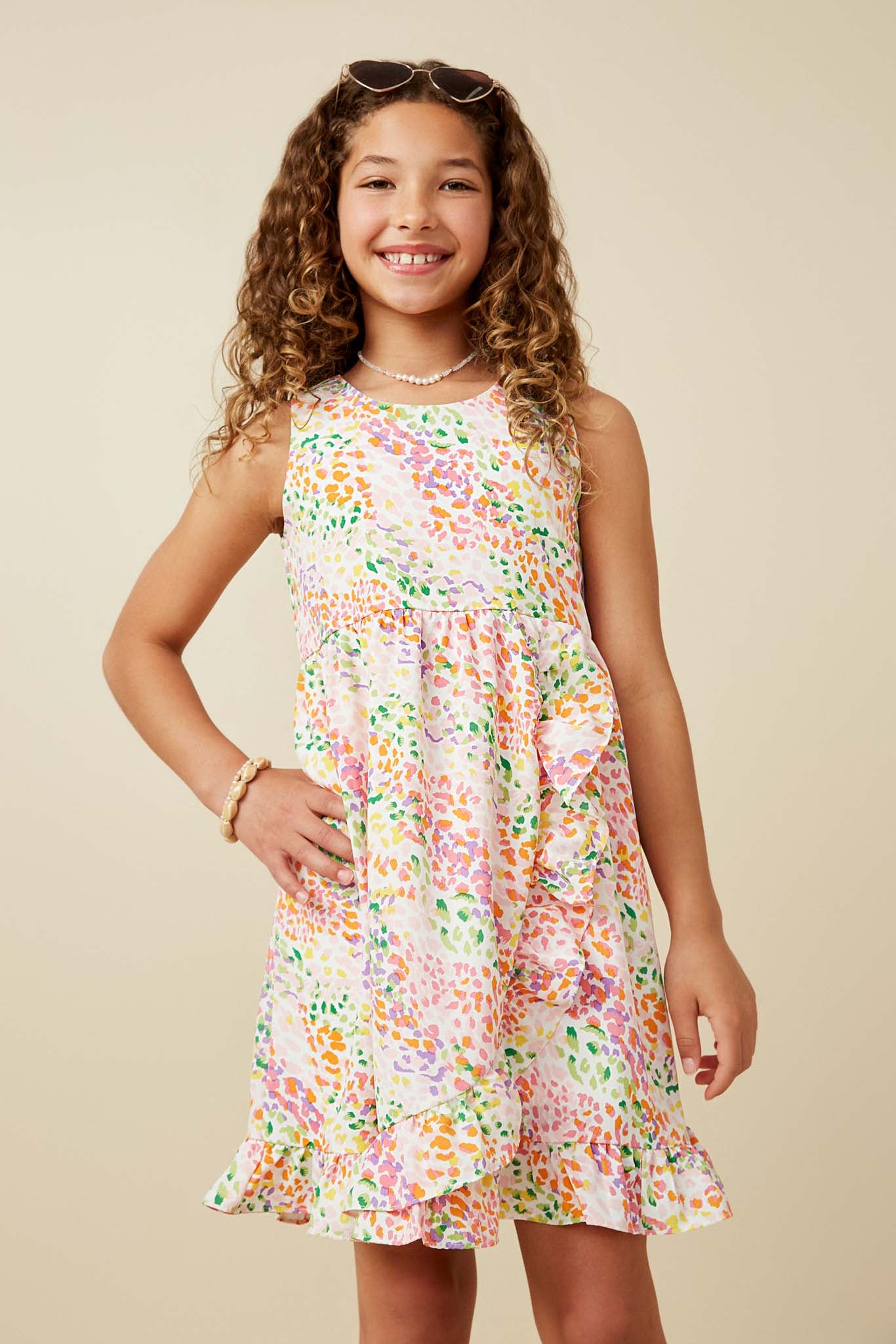 GY7262 Pink Mix Girls Abstract Multi Color Dot Ruffled Tank Dress Front