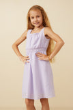 GY7270 Lavender Girls Ruffle Neck Smocked Waist Texture Stripe Dress Front