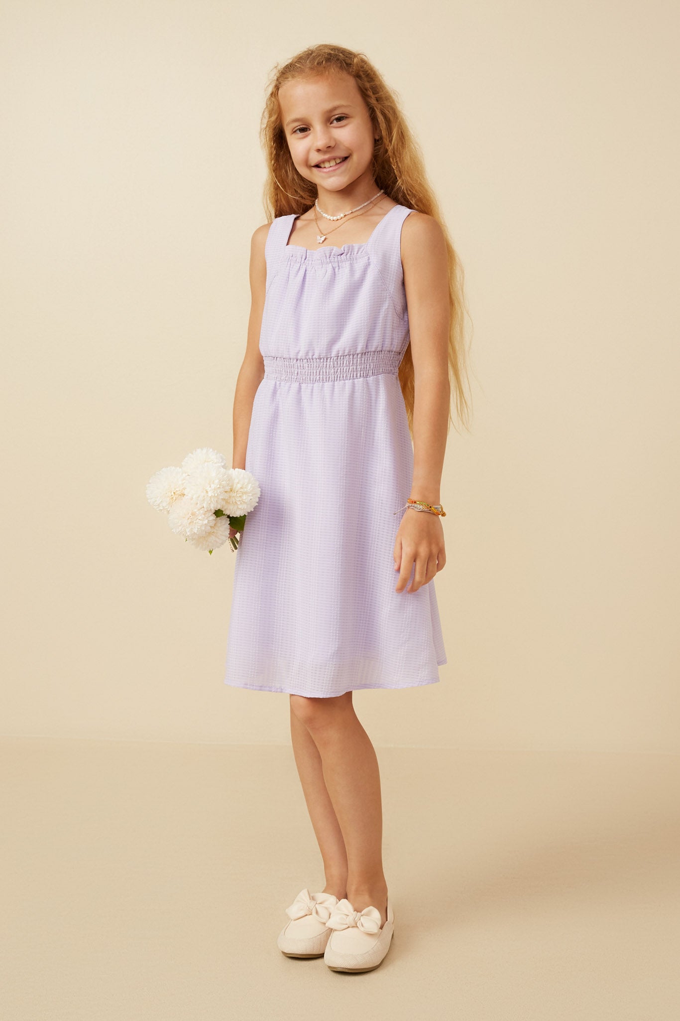 GY7270 Lavender Girls Ruffle Neck Smocked Waist Texture Stripe Dress Full Body