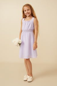 GY7270 Lavender Girls Ruffle Neck Smocked Waist Texture Stripe Dress Full Body