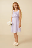 GY7270 Lavender Girls Ruffle Neck Smocked Waist Texture Stripe Dress Full Body