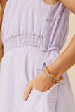 GY7270 Lavender Girls Ruffle Neck Smocked Waist Texture Stripe Dress Detail