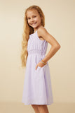 GY7270 Lavender Girls Ruffle Neck Smocked Waist Texture Stripe Dress Side