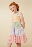 GY7271 Yellow Girls Button Detail Wavy Tiered Color Block Dress Side