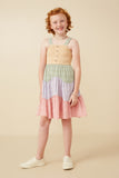 GY7271 Yellow Girls Button Detail Wavy Tiered Color Block Dress Full Body