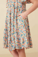GY7273 Off White Girls Ditsy Floral Flutter Sleeve Tiered Dress Detail