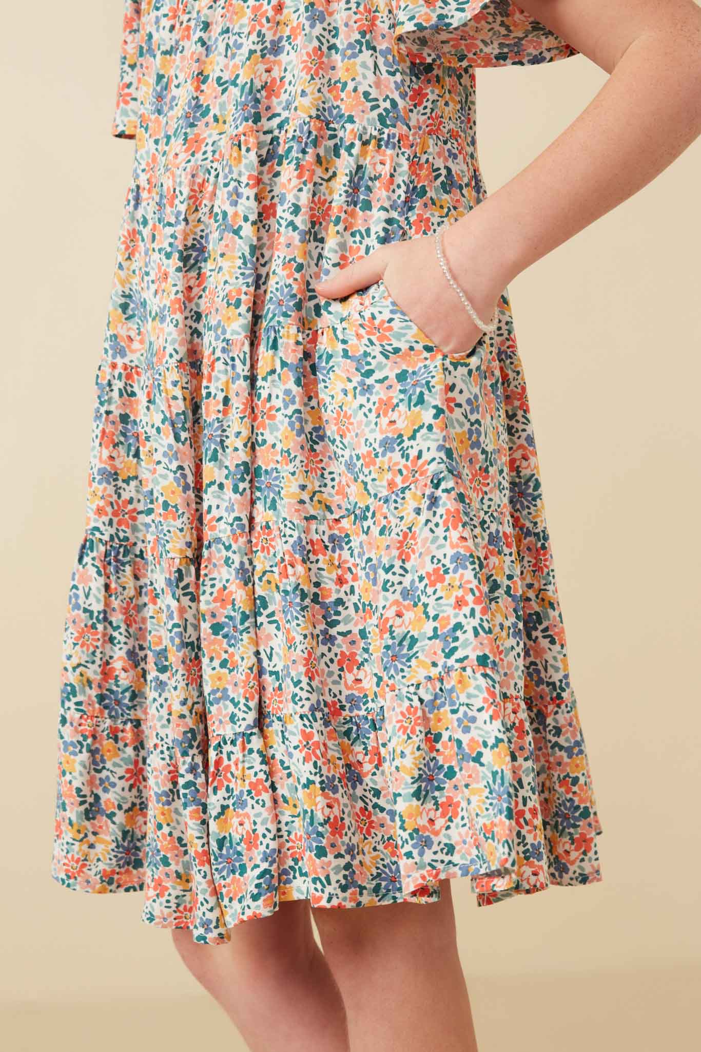GY7273 Off White Girls Ditsy Floral Flutter Sleeve Tiered Dress Detail