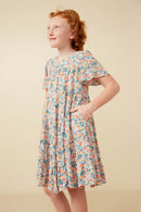 GY7273 Off White Girls Ditsy Floral Flutter Sleeve Tiered Dress Side